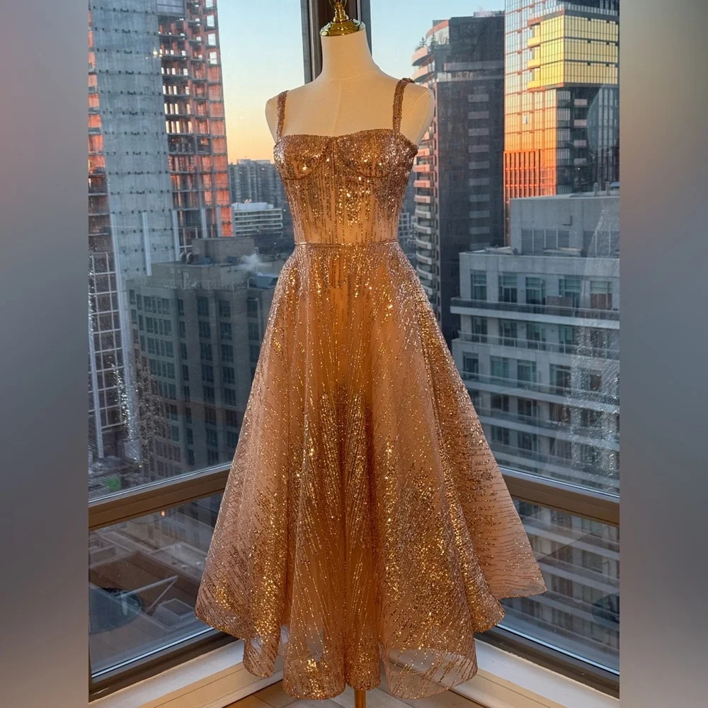 🆕 BRONX & BANCO 🧿 NWOT Mademoiselle Gold Sequin Midi Dress , Size XS US 2 - Picture 4 of 17